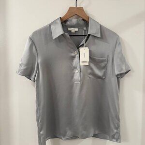 NWT Vince  Silk Short-Sleeve Polo Shirt Gray Womens Size S